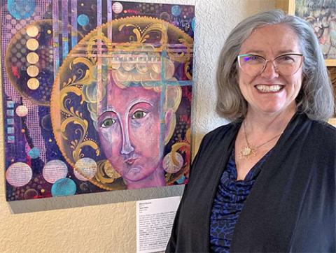 Marcia Bauerle is one of more than 20 Impact Nebraska Artists to feature an art piece for the Nebraska Roots exhibit currently on display at the Plainsman Museum in Aurora. Her mixed media collage, ‘Saint Hilda’, reflects her Russian immigrant roots.