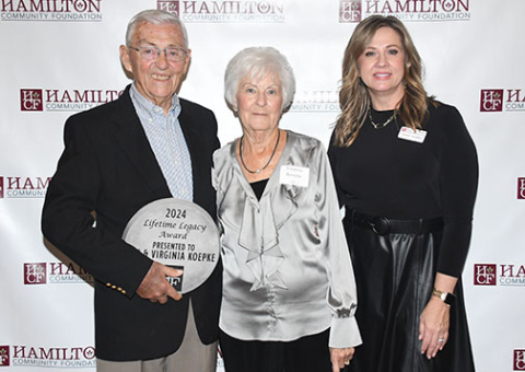 Jim and Virginia Koepke received the Hamilton Community Foundation’s Lifetime Legacy Award, which was presented by Tammy Morris, HCF’s executive director.