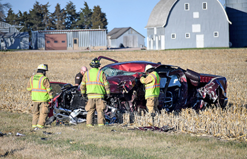 The Omel vehicle where it came to rest after colliding head on with a semi tractor on Monday. 