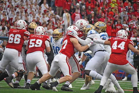 Former Husky Nate Boerkircher (No. 87) is now a starting tight end for the Huskers, seving as a team captain for Saturday’s game against UCLA.