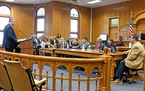 District Court Judge David Bargen, left, addresses the Nebraska Judicial Nominating Commission, which met in the District Courtroom at the Hamilton County Courthouse last Thursday. Bargen was one of three candidates to be interviewed for nomination to the state’s high court. 