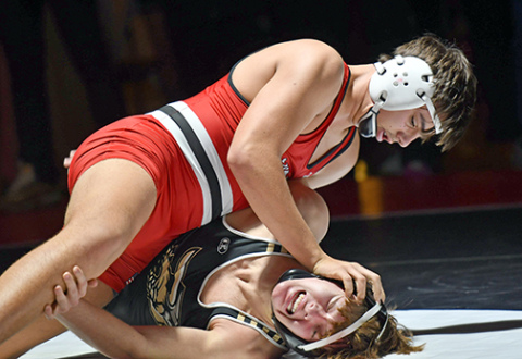 Sawyer Kiner was one of the shining stars for the Huskies in its dual win over Grand Island Northwest Thursday, pinning Parker Yendra in the second period in a match Aurora coach Derek Keasling proclaimed, “won us the dual.”
