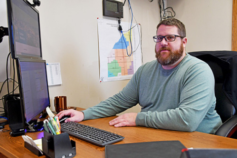Ben Crabtree, Hamilton County’s new director of emergency management, works in his office located in the main fire station in Aurora. 