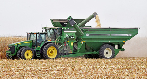 Nate Goertzen harvests white corn on his farm near Hampton in October. Earlier in the month he hosted a trade mission of corn buyers from Mexico. 
