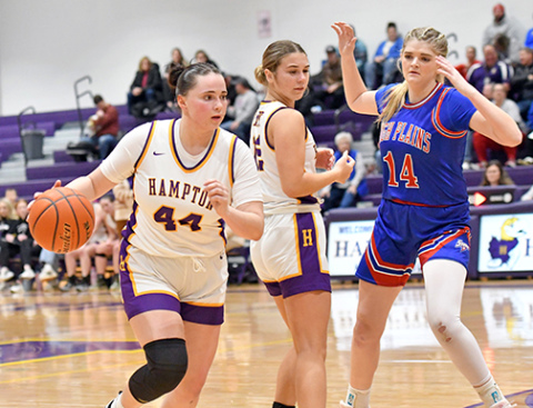 Hampton’s Gavin Gilmore (44) shown here from an earlier season game against High Plains, scored 34 points and 14 rebounds for the Hawks against Shelby-Rising City, good enough for No. 3 on the all-time single game scoring list. 