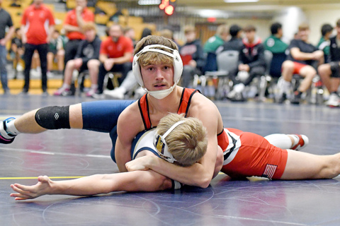 Logan Svoboda makes it look easy during one of his five wins at Friday’s Duke Duals, this one a pinfall victory over York’s Carter Schutt, doing so in just 56 seconds. It was one of two pinfall wins on the day for Svoboda. 