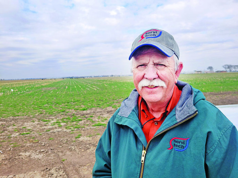 Certified Agronomist Orvin Bontrager of Aurora (above) has more than 45 years of experience helping farmers grow crops. At right is a photo he took last year of what he calls a moderate infection of tar spot on a corn leaf. He said when it gets to this stage it is almost too late to apply fungicide. 