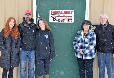 Chad Farrall (center left) will be relocating his business, Farrallbuilt, to Hatfield Street where Lindquist Welding previously operated. Farrallbuilt is expected to be fully moved to its new location in early March. Pictured  from left are: Farrall’s daughter Ellie Brown, his wife Becky, and Kay and Jim Lindquist.