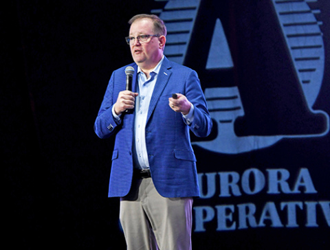 Estate and trust attorney Andrew Loudon of Lincoln tells the crowd at the Aurora Cooperative annual meeting that most of what he has learned about mistakes made in estate planning has come from helping clean up the messes left behind by those who failed to properly plan for the disposition of their assets after death. 