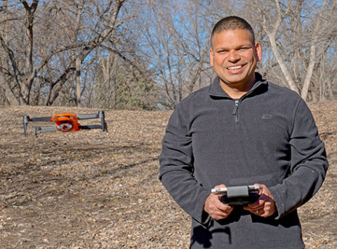 Ravi Singh demonstrates using one of two drones he and his wife, Gina, utilize with their new business, Innovative Drone Solutions.