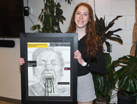  Aurora junior Kendal Wineteer poses with an art piece she created which earned her a Nebraska Young Artist Award from the University of Nebraska-Lincoln’s Hixson-Lied College of Fine and Performing Arts.