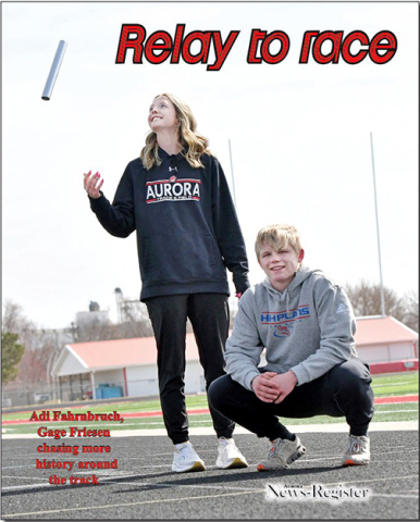 Seniors Adi Fahrnbruck of Aurora and Gage Friesen of HPC are off and running for the spring track season. 
