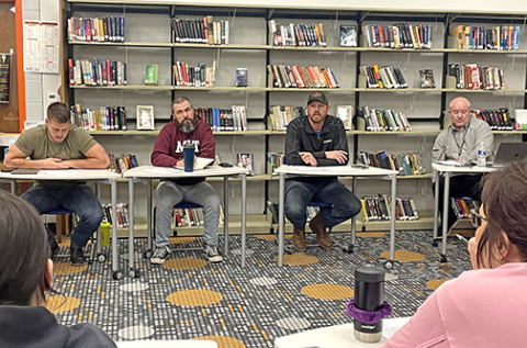 Members of the Giltner School Board hosted a public information meeting Wednesday night to inform parents and faculty about the plans for a basketball coop between Giltner and Harvard high schools. Pictured from left are board vice president Logan Rath, board member Brandon Hunnicutt, board president Brad Schutt and principal Kurt Finkey.