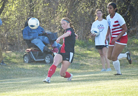 Hannah Janda was the hero for the Huskies Friday night against Nebraska City, scoring the game-winning goal with 14 seconds left for a 2-1 victory. Janda is shown here scoring the Huskies’ second goal in a 2-0 win over Crete Thursday. 