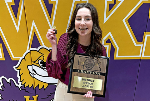 After performing at the speech districts competition in Hampton on Saturday, March 22, Sophie Faltys was announced district champion in persuasive receiving two perfect scores, a silver medal in POI and a bronze medal in informative.
