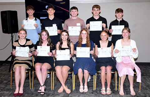 Members of the Youth Engaged in Philanthropy program’s senior class cohort include, front from left: Kennedy Kleinschmidt, Piper Oswald, Morgan Calkins, Jasmine Hansen, Macy Miller, Emma Ellis-Sack. Back from left: Jake Cattau, Parker Smith, Bryce Joseph, Kash Majerus, Keelan Phillips.
