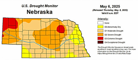 The latest Nebraska map from U.S. Drought Monitor shows that conditions in the state range from abnormally dry to extreme drought, with the dryest conditions in the northwestern and northeastern regions of the state. 