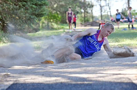 Brodey Spurling won three golds for High Plains at last week’s D-2 district meet in Osceola, winning the long jump, triple jump and running a leg on the Storm 400 meter relay, a foursome that included Levi Russell, Haden Helgoth and Gage Friesen, breaking the school record with a time of 44.21. 