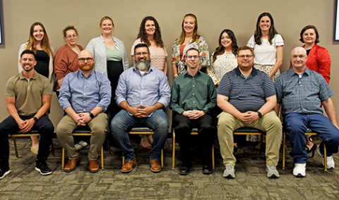 Members of the 2025 Hamilton County Leadership Class are shown at the Bremer Community Center along with chamber Aurora Chamber of Commerce director Justise Rhoden (top right), include front row, from left: Tyler Jensen, Jake Richardson, Elijah Landell, Phil Erb, Darren Holzinger, Carlin Engert. Back row: Sierra Collazo, Rachel Zimmerman, Chancy Hanquist, Emily Stolpe, Bekah Mead, Hannah Driewer and Paige McQuiston. Not pictured: Peggy Scribner.