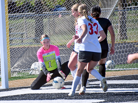 Aurora keeper Tainee Merrihew (1) pitched back-to-back shutouts in the final two regular season games, but couldn’t get a third straight Saturday during a 1-0 loss to Hastings in the B-7 subdistrict opener. 