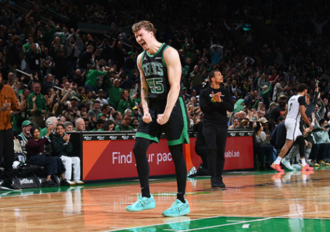 Baylor Scheierman started to carve out some meaningful minutes in the second half of the regular season with the Boston Celtics, pictured here during his 20-point game against the Brooklyn Nets March 18. 
