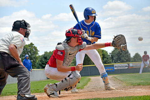 Aurora Cooperative Juniors’ Dylan Ronnau, shown here behind the plate against Gering, tossed a complete game winner Saturday against Ord, including 13 strikeouts. 