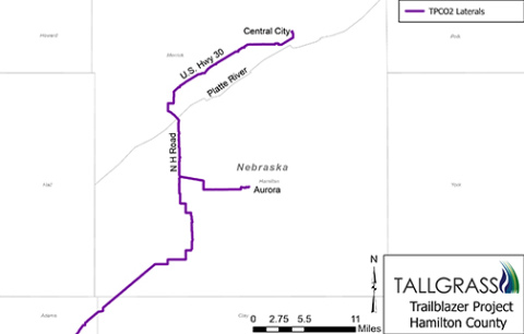 The route of the Trailblazer CO2 pipeline in Hamilton County