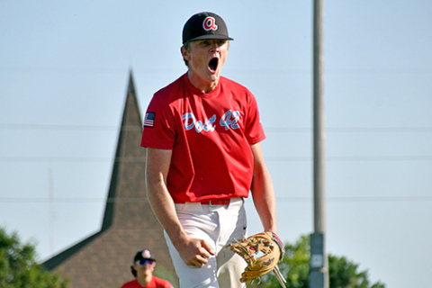 Dylan Ronnau gets excited after getting out of a bases loaded jam in the seventh inning against Central City Thursday. 