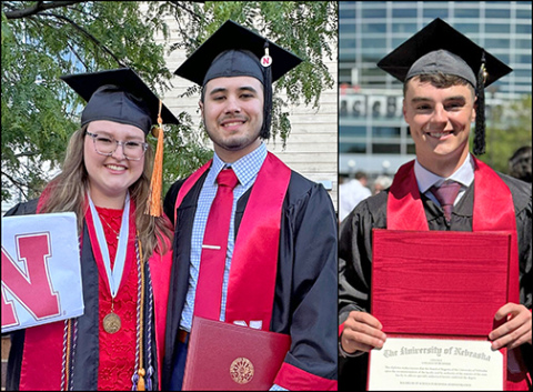 Twins Courtney and Cole Oswald (left) and Jameson Herzberg (right), all graduates of Aurora High School, all graduated from the University of Nebraska in May.
