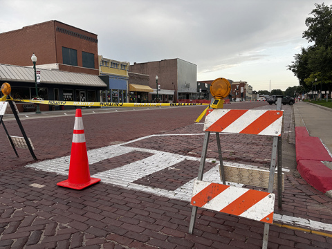 Cones were put up Tuesday night blocking a portion of 13th Street on the east side of the square, in preparation for demolition equipment to be set up Wednesday so that demolition of the former Gambles building can begin on Thursday.