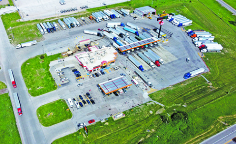 This drone photo shows the footprint of the Love’s Travel Stop location at Aurora’s Interstate 80 intersection. The company has announced plans for a $3 million renovation/expansion project, with specific construction details still pending.