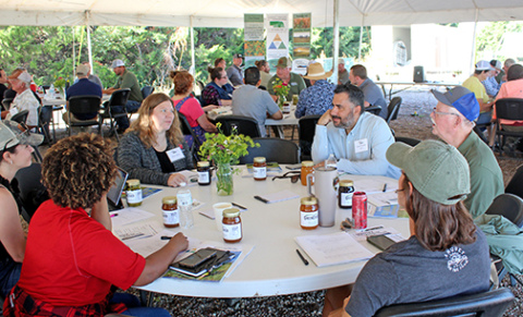 Participants in the Nebraska Soil Health Coalition’s (NSHC) first ever Soil Health Celebration of Learning near Bladen work on answering a questionnaire during the opening session of the event last Wednesday. The event brought together a diverse group of individuals from various sectors of the ag economy to celebrate the progress made by NSHC over the 20 months of its existence. 