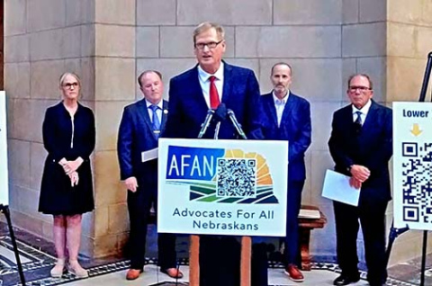 Kirk Penner was one of several speakers Monday at the State Capitol in Lincoln explaining petition drives being launched by Advocates for All Nebraskans in an effort to reduce property taxes in Nebraska.