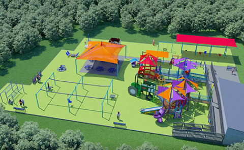 The latest design rendering for the Hamilton County Inclusive Playground shows the location of the various pieces of playground equipment, a shaded picnic area in the upper left and the restrooms at right. The view is looking south as seen from above Old Creek Road. 
