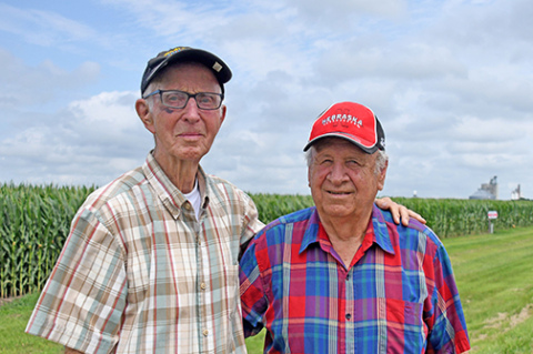 For 60 years, Harold Oretegren (right) has been farming Shorty Hahn’s land, one mile west of Hordville. The relationship began with a handshake in 1960. 