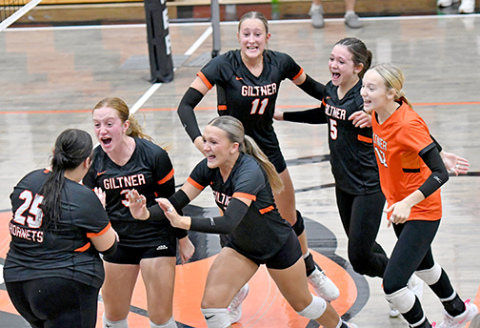 Giltner’s volleyball team celebrates after Kailyn Wilson (25) delivered the final termination to hand the Hornets a five-set win over Pleasanton Thursday night. It was Giltner’s first five-set victory dating back to the 2017 season. 