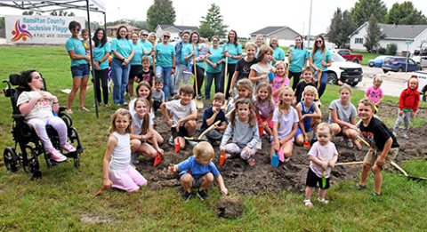 Playground committee members and local children participated in the groundbreaking ceremony for the new $1.7 million Hamilton County Inclusive Playground last Wednesday, Sept. 24. The children were provided with plastic shovels which they put to use both before and after the formal groundbreaking. 