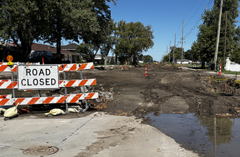 Weekend rains slowed work on 1st Street Monday morning, though crews are expected to be on site this week. This was the scene Monday near the Park Lane intersection, where the pavement currently ends.