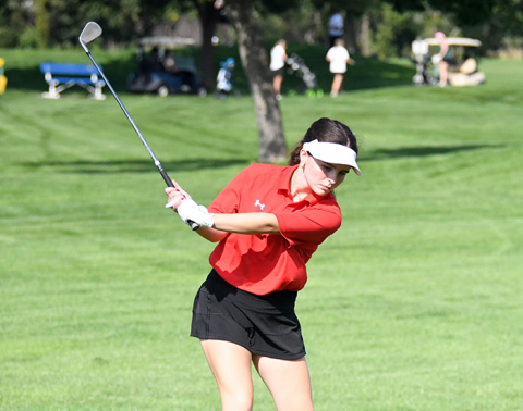 Aurora senior Julia Messere takes a swing at the Lakeview Invite Thursday at Quail Run Golf Course in Columbus.