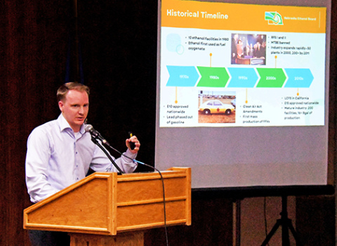 Ben Rhodes, executive director of the Nebraska Ethanol Board, gives a brief history of the ethanol industry in Nebraska during a talk to the Hamilton County Corn Growers Association last Monday night at The Leadership Center. 