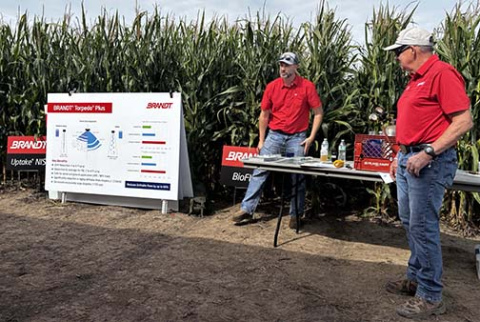 BRANDT staff members gave demonstrations in a local cornfield of products manufactured at the new Specialty Ag Formulations facility in Aurora during a Nebraska Agronomy Day Aug. 27.