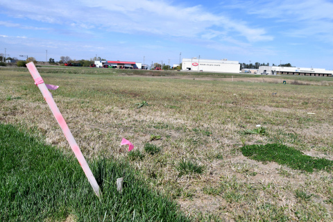 Pictured at left, pink flags mark the site in the northwest corner of the Streeter Subdivision where a new pocket park is being planned. 