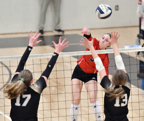 Aurora's Kaitlyn Staehr with an attacking swing during a match earlier this season. 