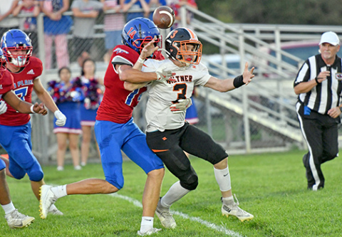 The High Plains defense wreaked havoc on the Giltner offense Friday, causing six turnovers and one fumble, shown here with HPC’s Collin Howell ripping the ball from Giltner’s Brody Rudy. 