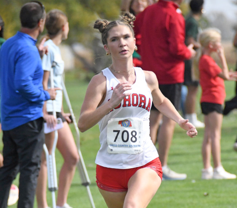 Ella Eggleston was Aurora's top runner at Thursday's B-4 district meet, finishing 7th overall and helping Aurora to a runner-up team finish to qualify for state. 