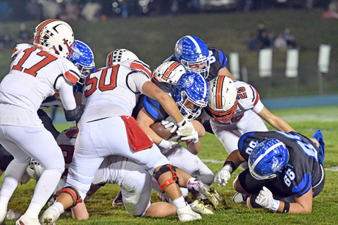 Aurora’s defense faced a tough task Friday to slow down a powerful Lakeview rushing attack as the Vikings scored all six of its touchdowns on the ground in a 45-0 win in the C1 quarterfinals. Aurora ends its season with a 7-4 record. 