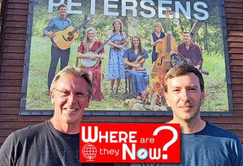 Randy (left) and Emmett Franz pose for a picture after their interview with ANR News Editor Ron Burtz at the Little Opry Theater in Branson, Mo. where Emmett plays dobro and Randy is the sound man for the Petersen Family. 