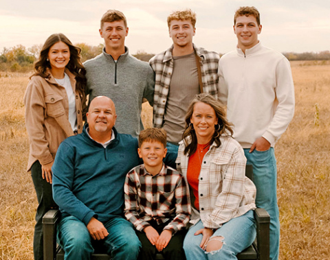 Hampton grad Brad Jacobsen (front left) is an associate superintendent of civic engagement for Lincoln Public Schools and previously worked as the principal of Ashland-Greendwood for 16 years. Pictured above is Jacobsen’s family, front from left: son Tate, wife Staci. Back row: Tyler’s fiance Makenna, sons Tyler, Dane and Cale. 