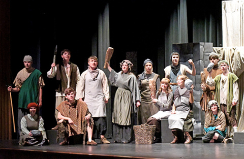 The townspeople unite as they seek to take out the noble families before one of their daughters marries the evil Prince Thanatos. Featured townspeople from front to left: Krystyl Cure, Shawn Morris, Joey Ballas, Kenzie Dubas, Nova Hamilton. Back row: Will Thacker, Wyatt Heiss, Hudson Harvey, Adelynne Hendrickson, Annabelle Manley, Tyler Naylor, Paul Weeks and Collin Whelan.