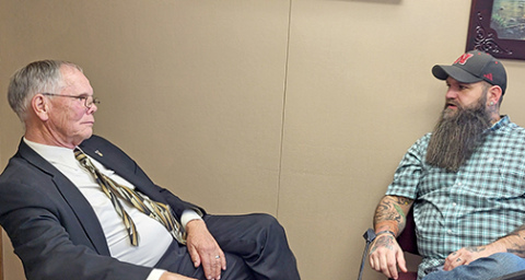 Army infantry veterans Marlin Seeman, left, and David McKimmey talked for more than 90 minutes about their experiences of being wounded in conflicts in Vietnam and Iraq almost exactly 40 years apart. 